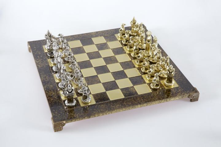 Schachset Gold-Silber + braunes Schachbrett