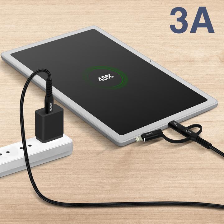 Produktbild Akashi 3-in-1 3A Lade- und Synchro-Kabel, Länge 1m, - Schwarz (0.10 m, USB 3.2 Gen 1)