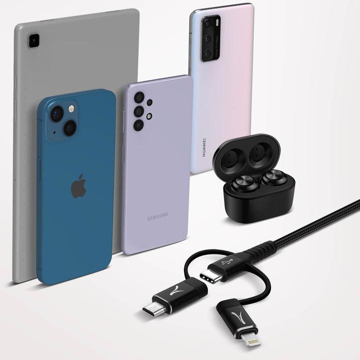 Produktbild Akashi 3-in-1 3A Lade- und Synchro-Kabel, Länge 1m, - Schwarz (0.10 m, USB 3.2 Gen 1)
