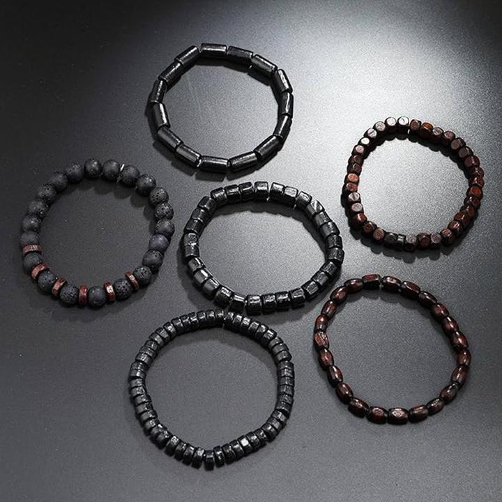 Produktbild Cbx Elastisches Perlen Armband Set Lavastein und Vintage-Holzperlen