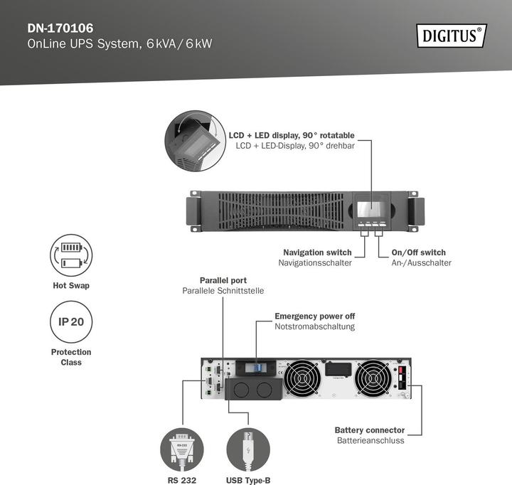 Produktbild Digitus OnLine USV-System, 6 kVA/ 6 kW (6000 VA, 6000 W, Online-Doppelwandler USV)