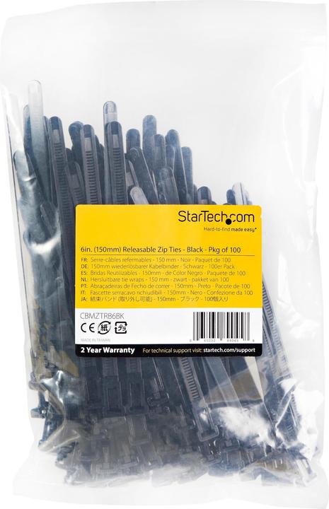 Actual product image StarTech 15cm(6") Reusable Cable Ties, 7mm(1/4") wide, 35mm(1-3/8") Bundle Dia. 22kg(50lb (Plastic cable ties, 150 mm, 100 pcs.)