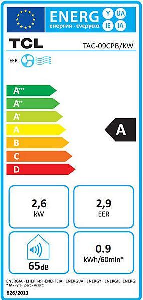 Energy Label TCL 9000 BTU mobile air conditioner, 3-in-1 device, cooling power 2.6 kW, white. (26 m², 9000 BTU/h)
