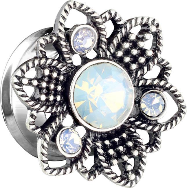 Actual product image Star Piercing Flared Tunnel Flower with Opal Crystal (Surgical steel 316L, Brass)