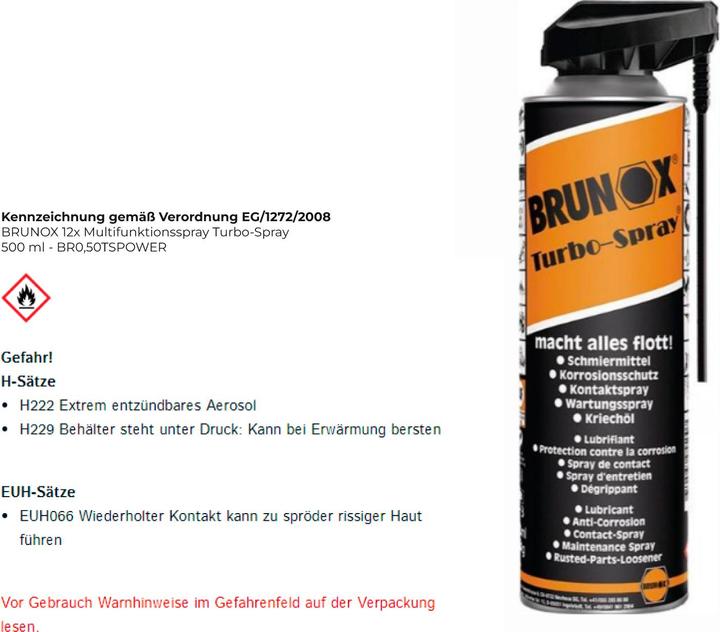 Valori nutrizionali e ingredienti Brunox Olio penetrante Turbo-Spray (500 ml)