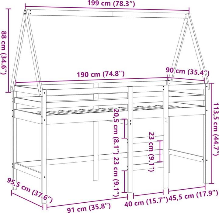 Actual product image VidaXL Loft bed with ladder roof bed children's bed play bed 90x190cm solid wood (90 x 190 cm)