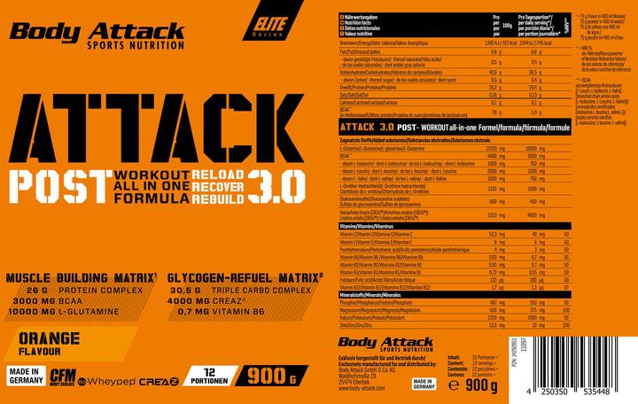 Valori nutrizionali e ingredienti Body Attack Post Attack 3.0 (lattina da 900g) (Arancia, 1 pz., 900 g)