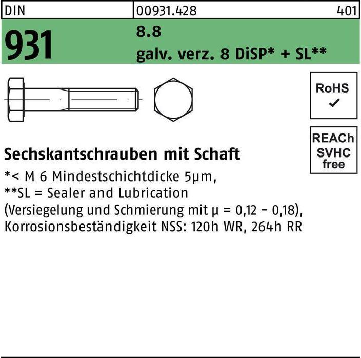 Produktbild Sechskantschraube DIN 931 m.Schaft M 16 x 200 8.8 gal Zn 8 DiSP + SL (25 Schrauben pro Stück)