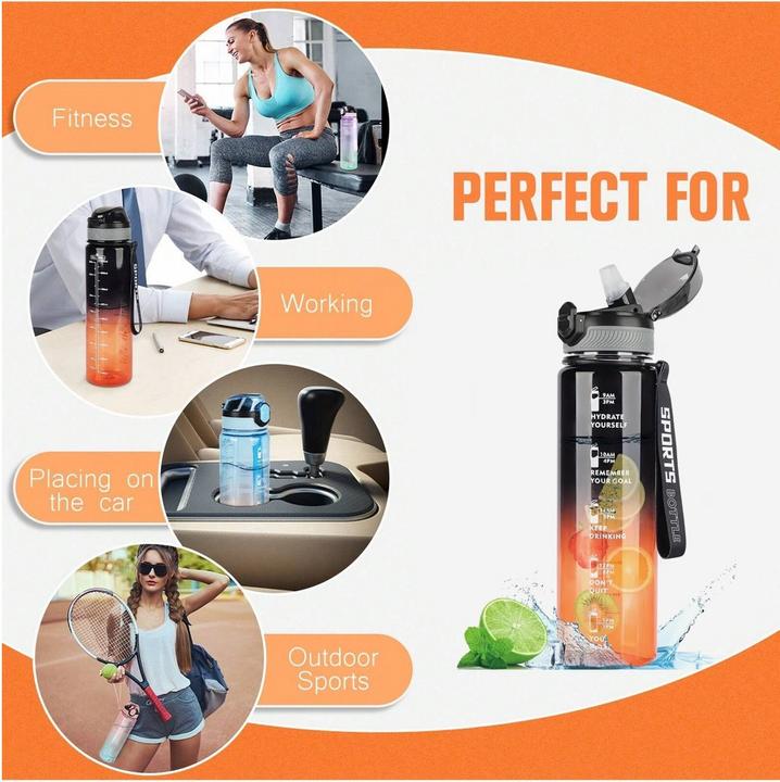 Produktbild ASMI Transparente Trinkflasche mit Zeitmarkierung, Strohhalm und Reinigungsbürste mit Farbverlauf 1000 ml (1 l)