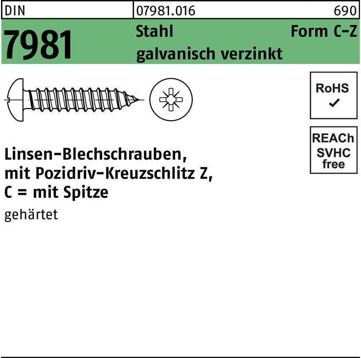 Produktbild Reyher Blechschraube DIN 7981 LIKO m.Kreuzschlitz-PZ 3,5x 19 -C-Z Stahl galvanisch verzinkt m.Spitze (1000 Schrauben pro Stück)