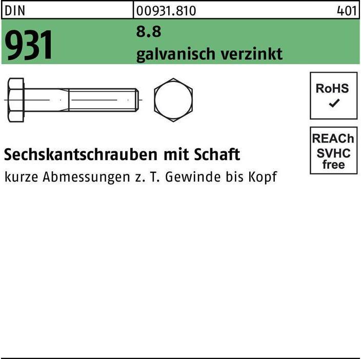 Produktbild Reyher Sechskantschraube DIN 931 m.Schaft M 10 x 130 8.8 galvanisch verzinkt (50 Schrauben pro Stück)