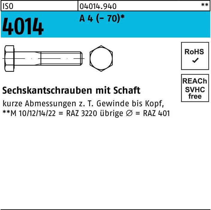 Produktbild Sechskantschraube ISO 4014 m.Schaft M 10 x 60 A 2-70 (50 Schrauben pro Stück)