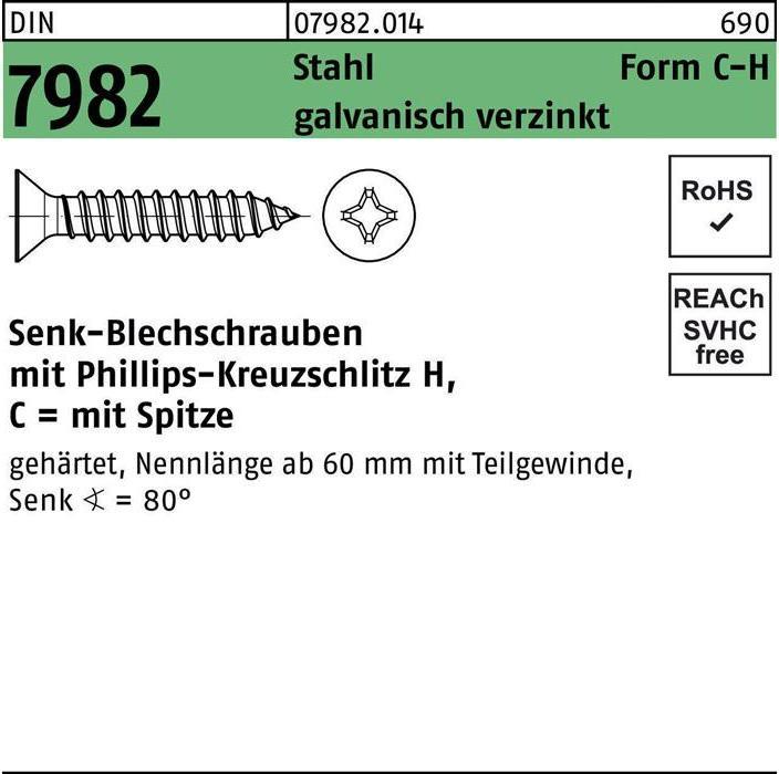 Actual product image Countersunk head tapping screw DIN 7982 with cross recess pH/tip C 2.9 x 22 -H Galvanised steel (100 Screws per piece)