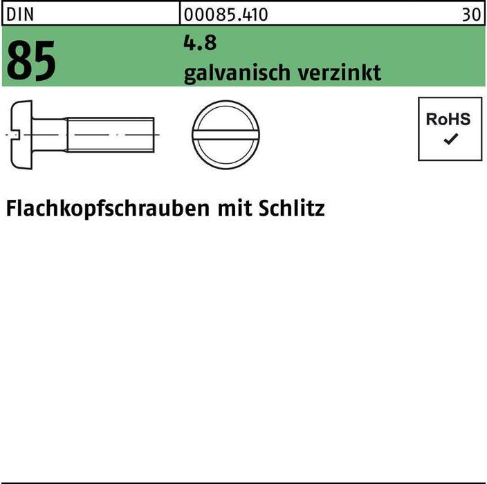 Produktbild Flachkopfschraube DIN 85/ISO 1580 Schlitz M 3 x 30 4.8 galvanisch verzinkt (200 Schrauben pro Stück)