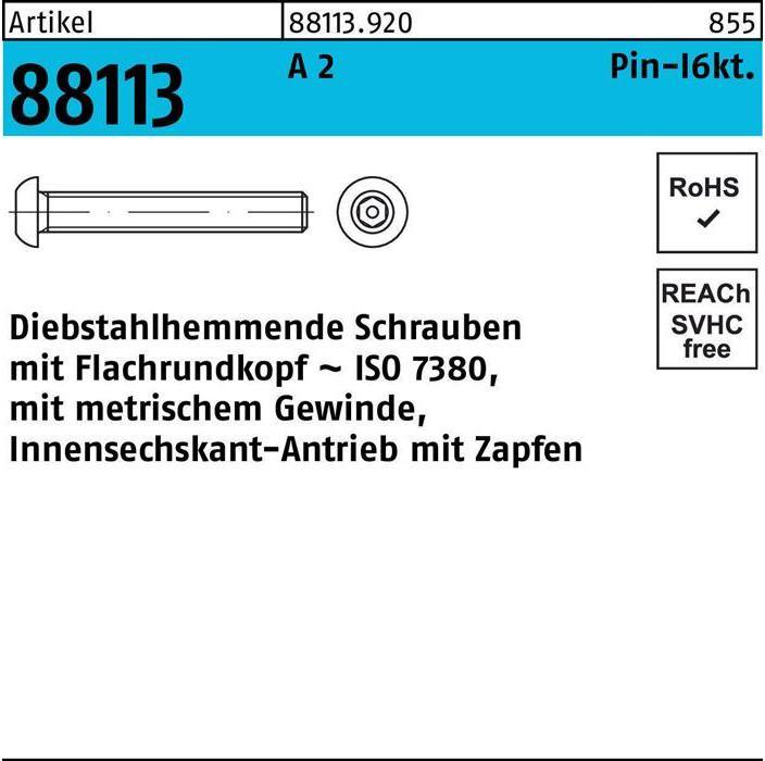 Produktbild Schraube R 88113 diebstahlh. Innen-6kt Zapfen M 10 x 30 A 2 (100 Schrauben pro Stück)