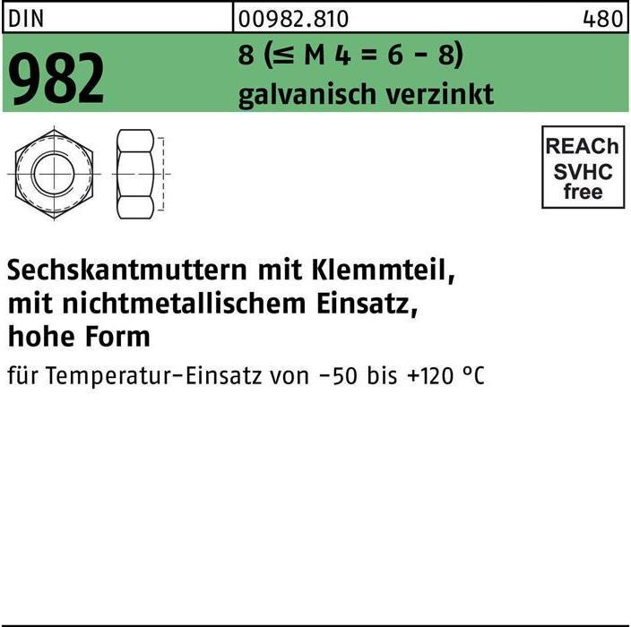 Produktbild Sechskantmutter DIN 982 m.Klemmteil M 6 8 (= M 4 = 6-8) galvanisch verzinkt (M6)