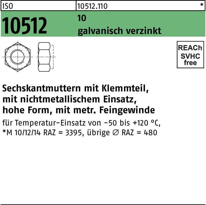 Produktbild Sechskantmutter ISO 10512/DIN 6924 m.Klemmteil M 24 x 2 10 galvanisch verzinkt (M24)
