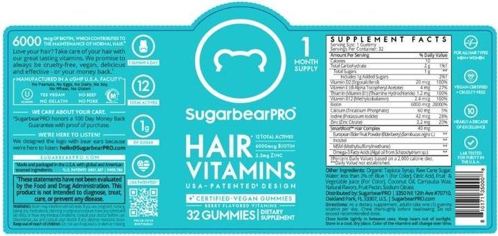 Valeurs nutritives et ingrédients Sugarbearhair Hair Vitamins DUO (120 pièce(s), Gummies, 300 g)