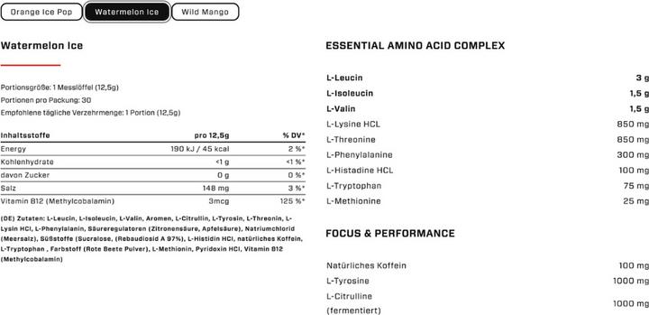 Valori nutrizionali e ingredienti Vast Total Amino Energy+ - EAAS e caffeina naturale - vegano - 375 g (Ghiaccio all'anguria, 1 pz., 375 g)