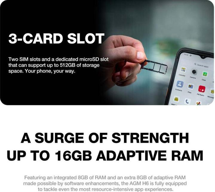Produktbild Bea-Fon AGM MOBILE H6 Smartphones Rugged (256 GB, Schwarz, 6.56", Hybrid Dual SIM, 50 Mpx, 4G)