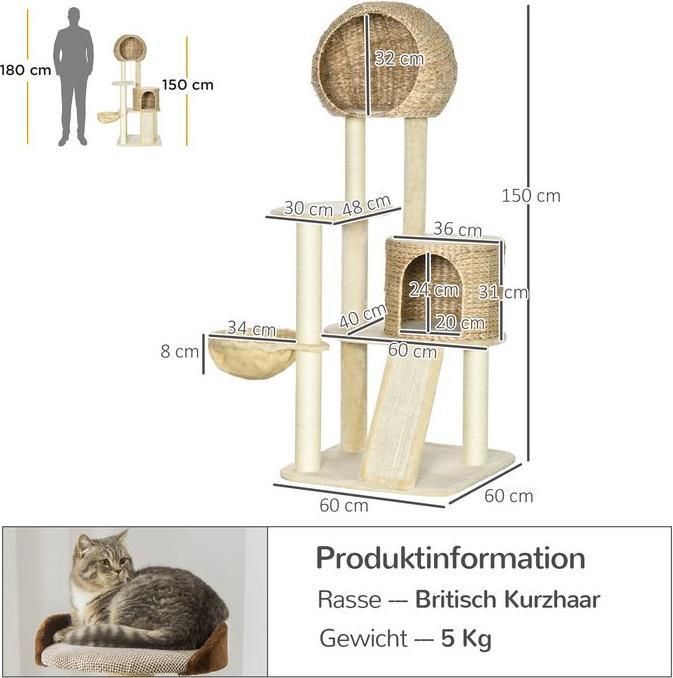Actual product image Swisshandel24 Scratching post, 150 cm, cat tree with cat house, climbing tree with hammock and ramp, cat (150 cm, Brown, Cream)