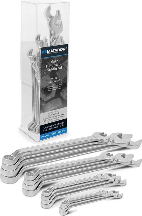 Produktbild Matador Ringmaulschlüssel-Satz 16-tlg. gekröpft 1/4 - 1.1/4 ( AF Zollmass ) (1", 1/4", 1 1/4", 1/2", 7/8", 15/16", 11/16", 7/16", 3/4", 5/16", 5/8", 19/32", 13/16", 1 1/16", 9/16", 3/8")