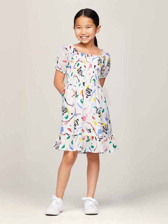Produktbild Tommy Hilfiger ALLOVER PRINT SMOCKED DRESS Meisjes Jurk - White - Maat 12 (12)