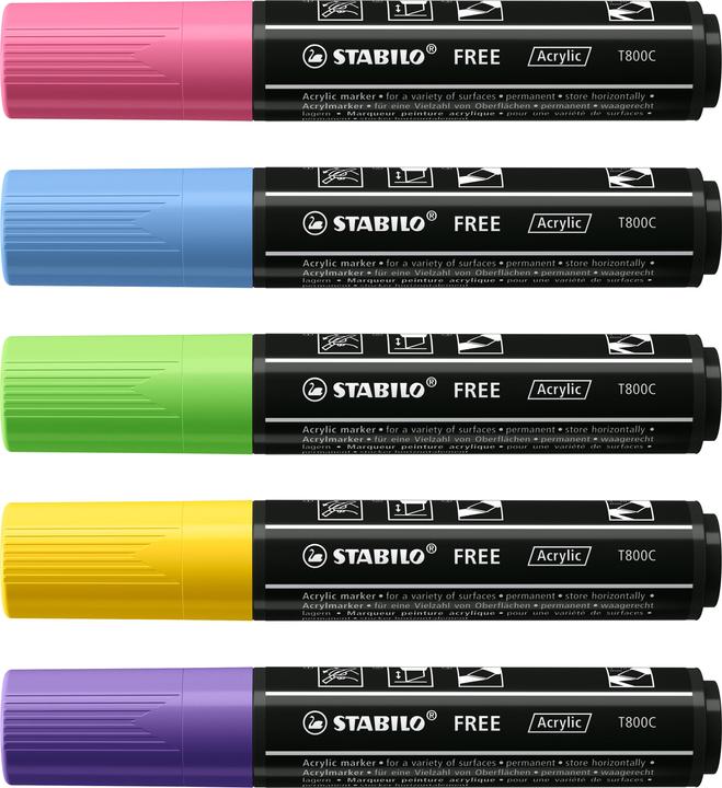 Immagine prodotto STABILO Marcatore acrilico Free Acrylic T800C Seasi 5-case (Verde chiaro, Lilla, Rosa, Giallo, Blu chiaro, 10 mm, 5 x)
