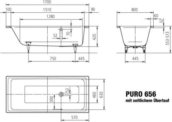 Produktbild Kaldewei Puro 656 170x75cm mit seitlichem Überlauf 256600010001
