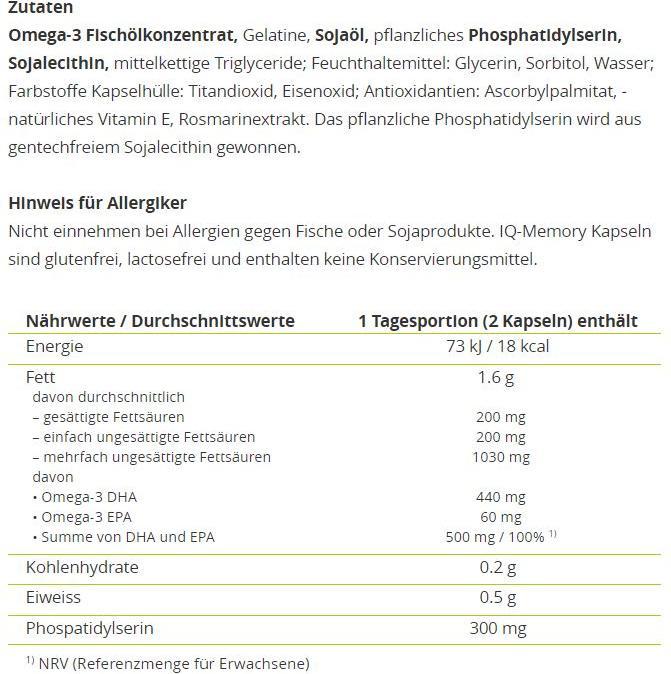 Nährwerte und Zutaten Alpinamed IQ Memory (1 Stück, Kapseln, 120 g)