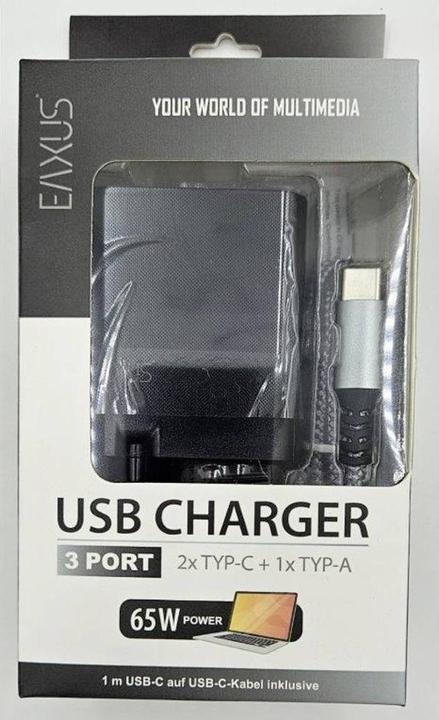 Actual product image Eaxus USB charger with charging cable, 3 ports, 2x type-C & 1x type-A, 65 watts, black (65 W)