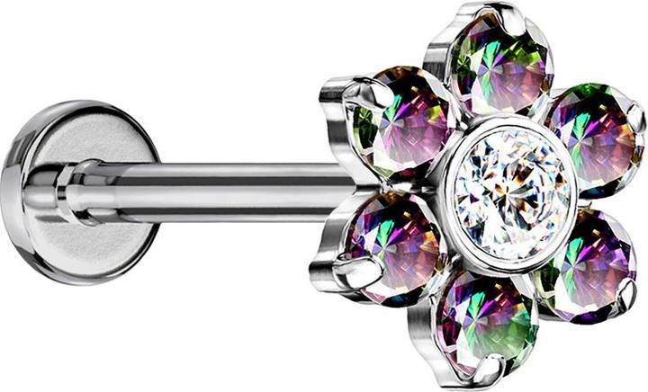 Produktbild Star Piercing Micro Threadless Labret silber Blume Kristalle dunkel multicolor (Titan G23, ohne Messing)
