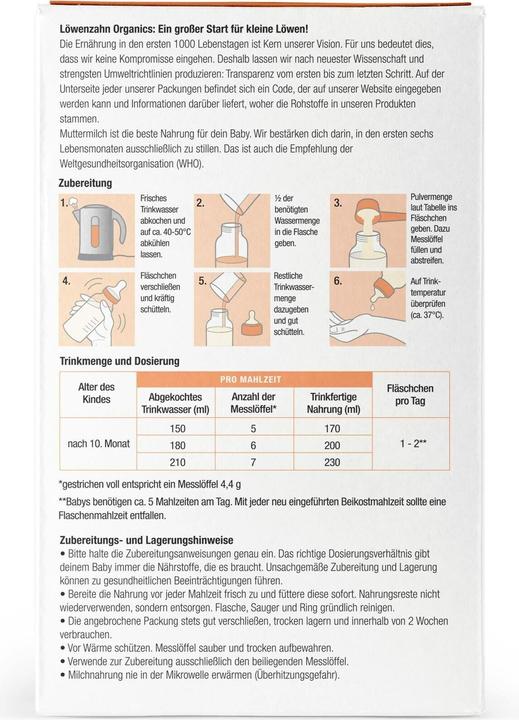 Valori nutrizionali e ingredienti Löwenzahn Organics Segui il latte biologico 500 g (500 g, da 10 m.)