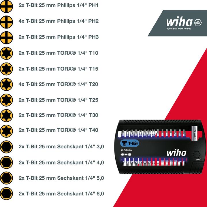 Produktbild Wiha Bit Set XLSelector 31tlg T-Bit 25 mm PH, TORX, Sechskant 1/4" C6,3 magnetischer Bithalter (25mm)