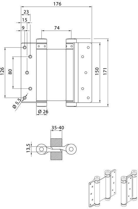 Image du produit Deni Charnière de porte battante acier galvanisé taille 36 longueur 150 mm 40 kg épaisseur de la porte