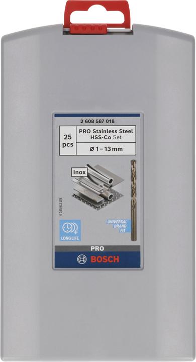 Immagine prodotto Bosch Professional Zubehör Set di punte elicoidali PRO in acciaio inox HSS-Co, 25 pezzi. (1 mm, 1,5 mm, 2 mm, 2,5 mm, 3 mm, 3,5 mm, 4 mm, 4,5 mm, 5 mm, 5,5 mm, 6 mm, 6,5 mm, 7 mm, 7,5 mm, 8 mm, 8,5 mm, 9 mm, 9,5 mm, 10 mm, 10,5 mm, 11 mm, 11,5 mm, 12 mm, 12,5 mm, 13 mm)
