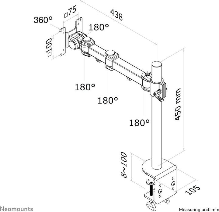 Produktbild Neomounts LCD-Monitorius-Arm (Klemme) – 5 Bewegungen – Länge 434 mm (Tisch, 27")