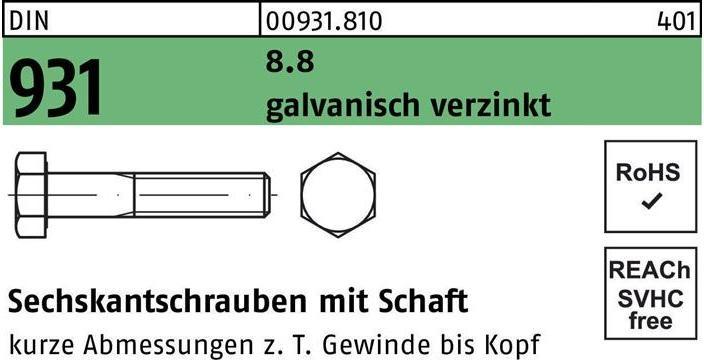 Produktbild Reyher Sechskantschraube DIN 931 m.Schaft M 10 x 130 8.8 galvanisch verzinkt (50 Schrauben pro Stück)