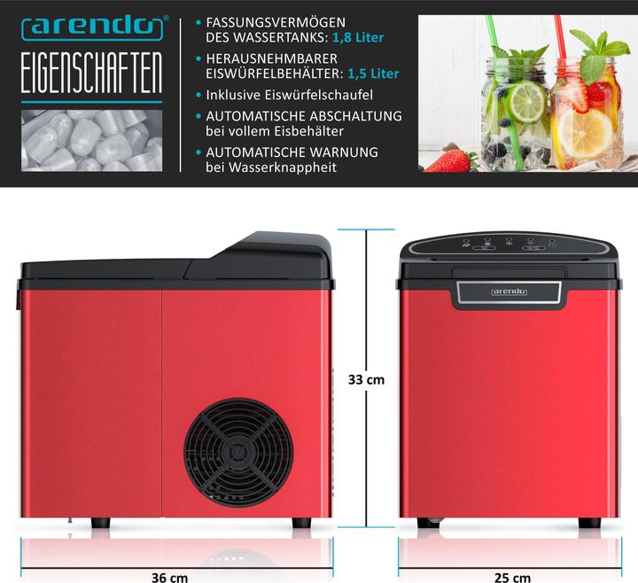 Actual product image Arendo Ice cube machine, 1.8 litre ice cube maker, 9 ice cubes in 8 minutes, 105W ice cube maker, red