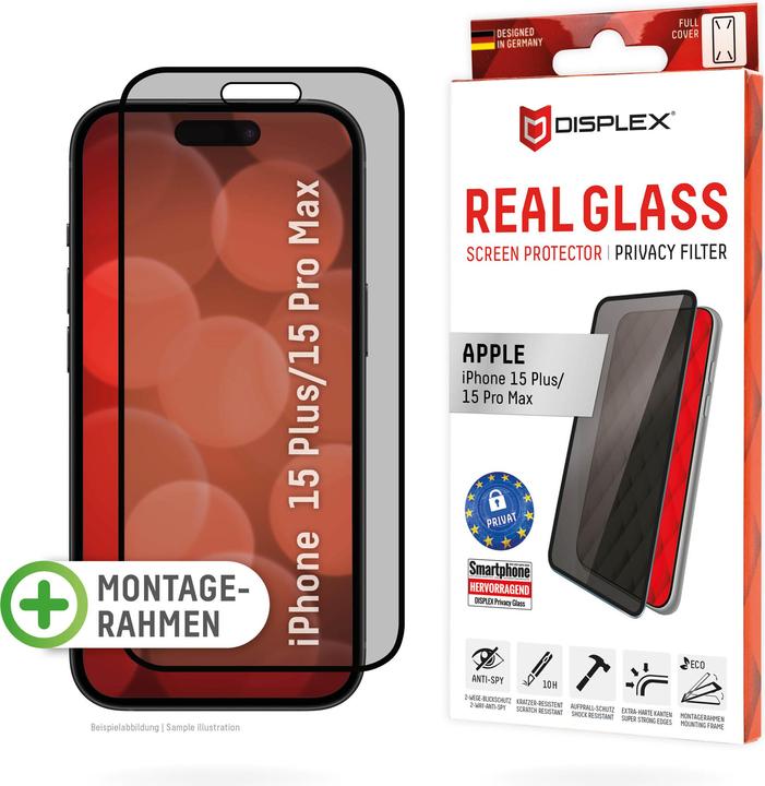 Actual product image Displex Real Glass, Privacy Full Cover Panzerglas (1 Piece, Apple iPhone 15 Plus, Apple iPhone 15 Pro Max)