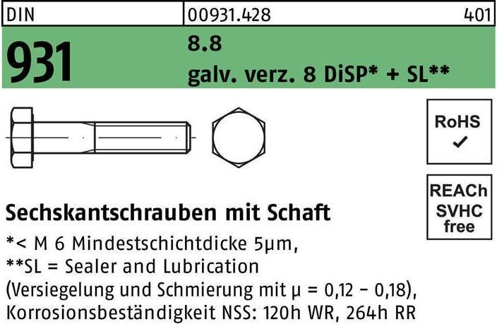 Produktbild Sechskantschraube DIN 931 m.Schaft M 16 x 200 8.8 gal Zn 8 DiSP + SL (25 Schrauben pro Stück)