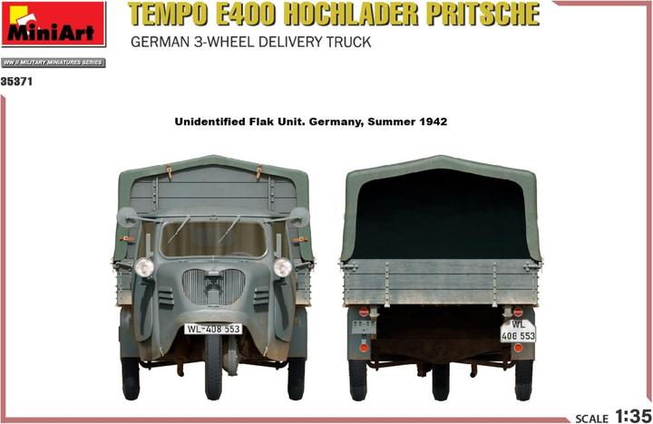 Image du produit Mini art Tempo E400 à plateau surbaissé. Camion de livraison allemand à 3 roues