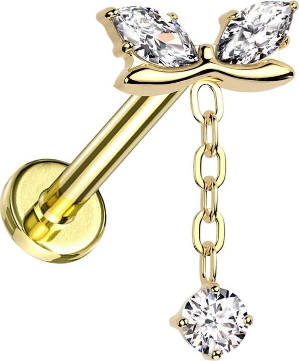 Immagine prodotto Hollywood Body Jewelry Micro labret filettato internamente barra curva placcata oro due cristalli ovali catena pendente in (senza ottone, Titanio G23)