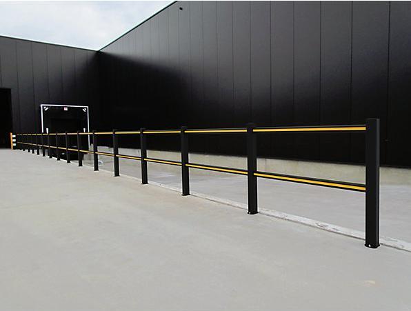 Actual product image kaiserkraft FLEX IMPACT handrail system, black posts - black/yellow struts, width 1250 mm.