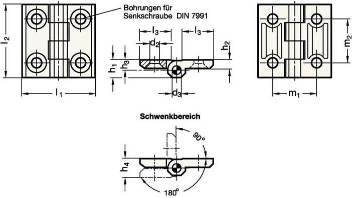 Produktbild Ganter Scharnier GN 237 Höhe 60 mm Breite 60 mm Stärke 2 mm Zink-Druckguss mit Bohrungen für Senkschrauben