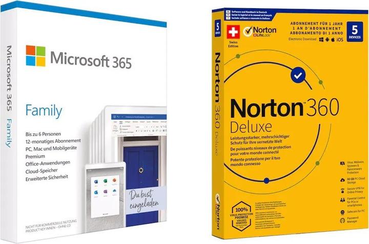 Produktbild Microsoft 365 Family IT inkl. Norton 360 Deluxe 1 Jahr 5 Devices