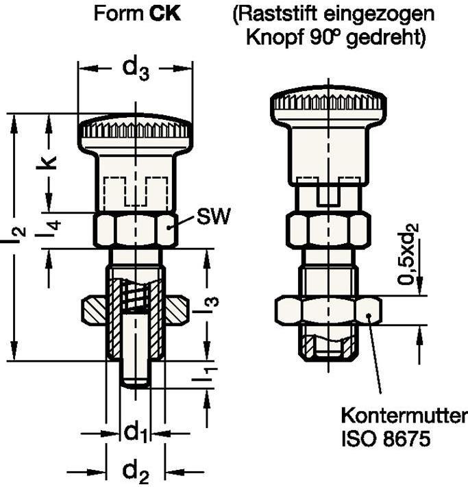 Produktbild Ganter Rastbolzen GN 817 d1 8 mm d2 M 16 x 1,5 mm l1 12 mm Stahl, ohne Rastsperre, mit Kontermutter (Türknopf)