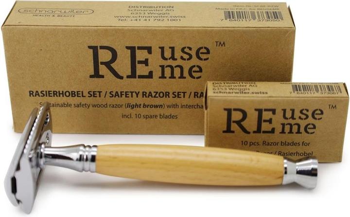 Actual product image ReUseMe Wooden razor light brown with steel blade including 10 spare blades