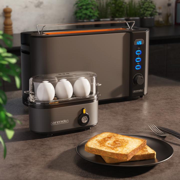 Actual product image Arendo Breakfast set, 2-slice long slot toaster with bread roll top & egg boiler for 3 eggs, grey