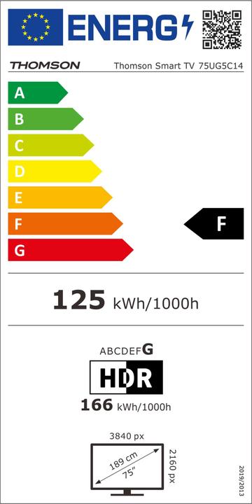 Energie-Label Thomson TV 75 4k Smart UHD T2/C2s2 Google TV Frameless Piede (75", LED, 4K)